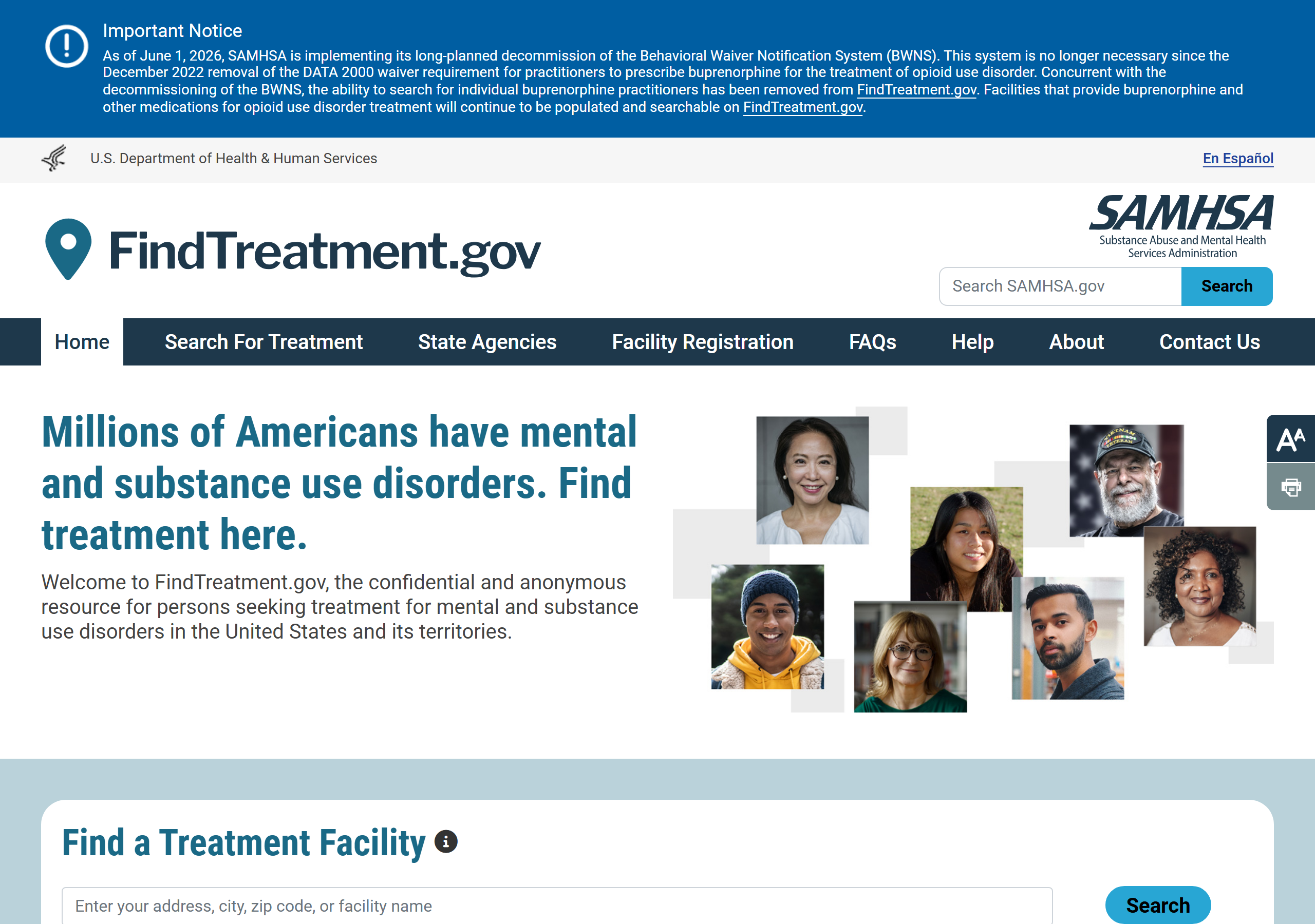 FindTreatment.gov, the federal locator for mental health and substance use treatment (captured June 2026).