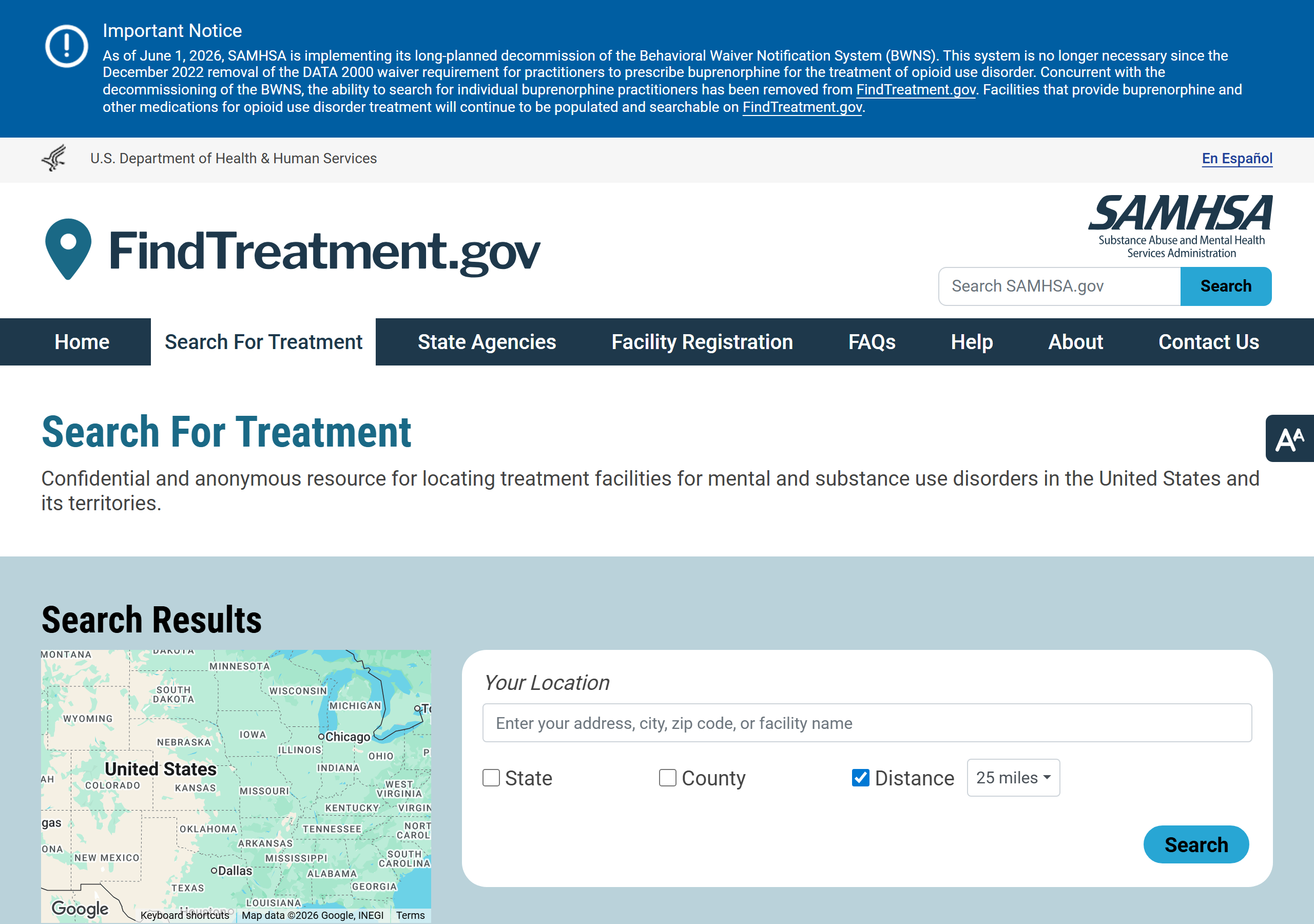 The SAMHSA FindTreatment.gov locator, the federal tool where you can find a provider's phone number to call. Captured June 30, 2026.