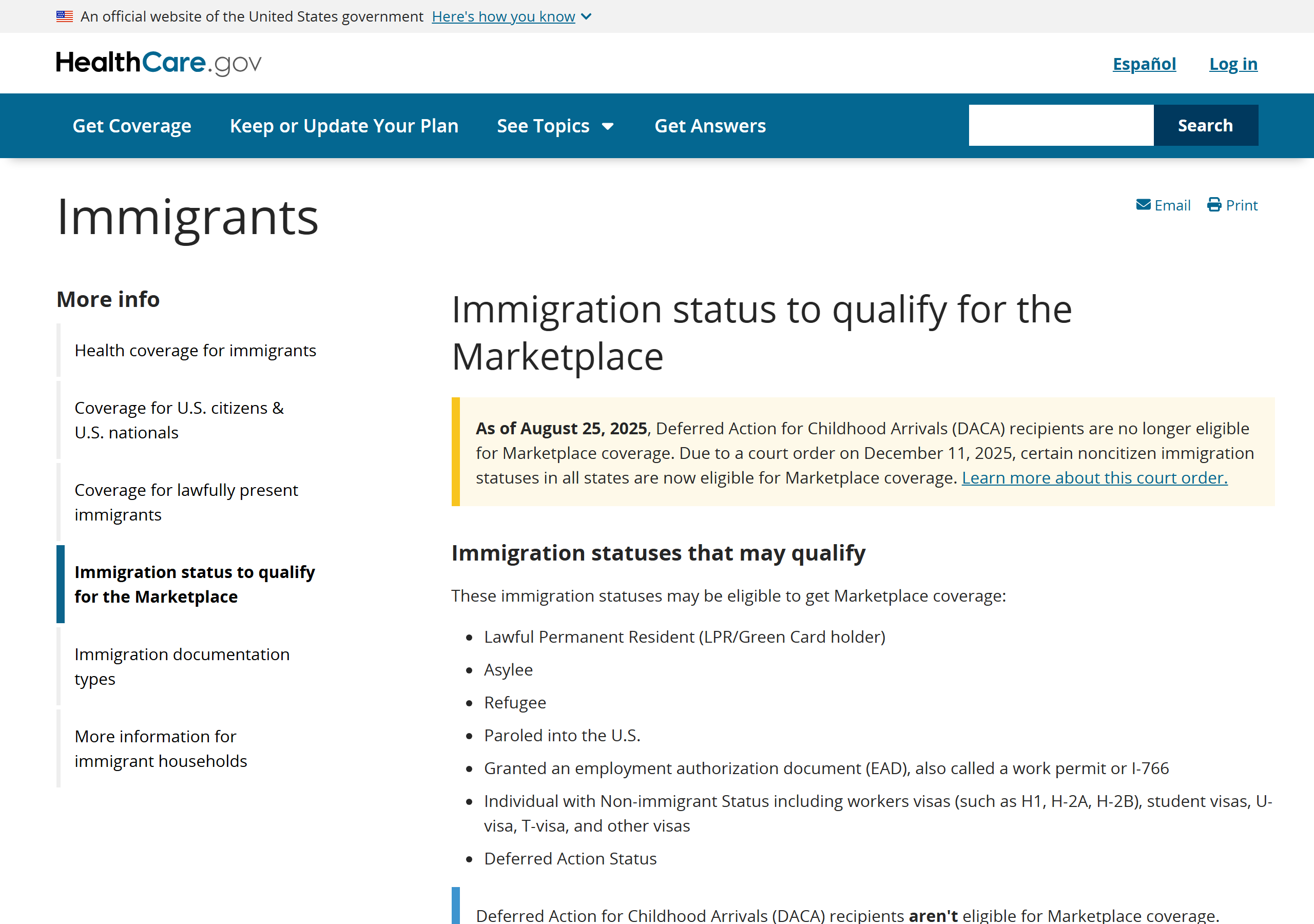 HealthCare.gov page listing which immigration statuses qualify for Marketplace coverage. Screenshot captured 2026-06-30.
