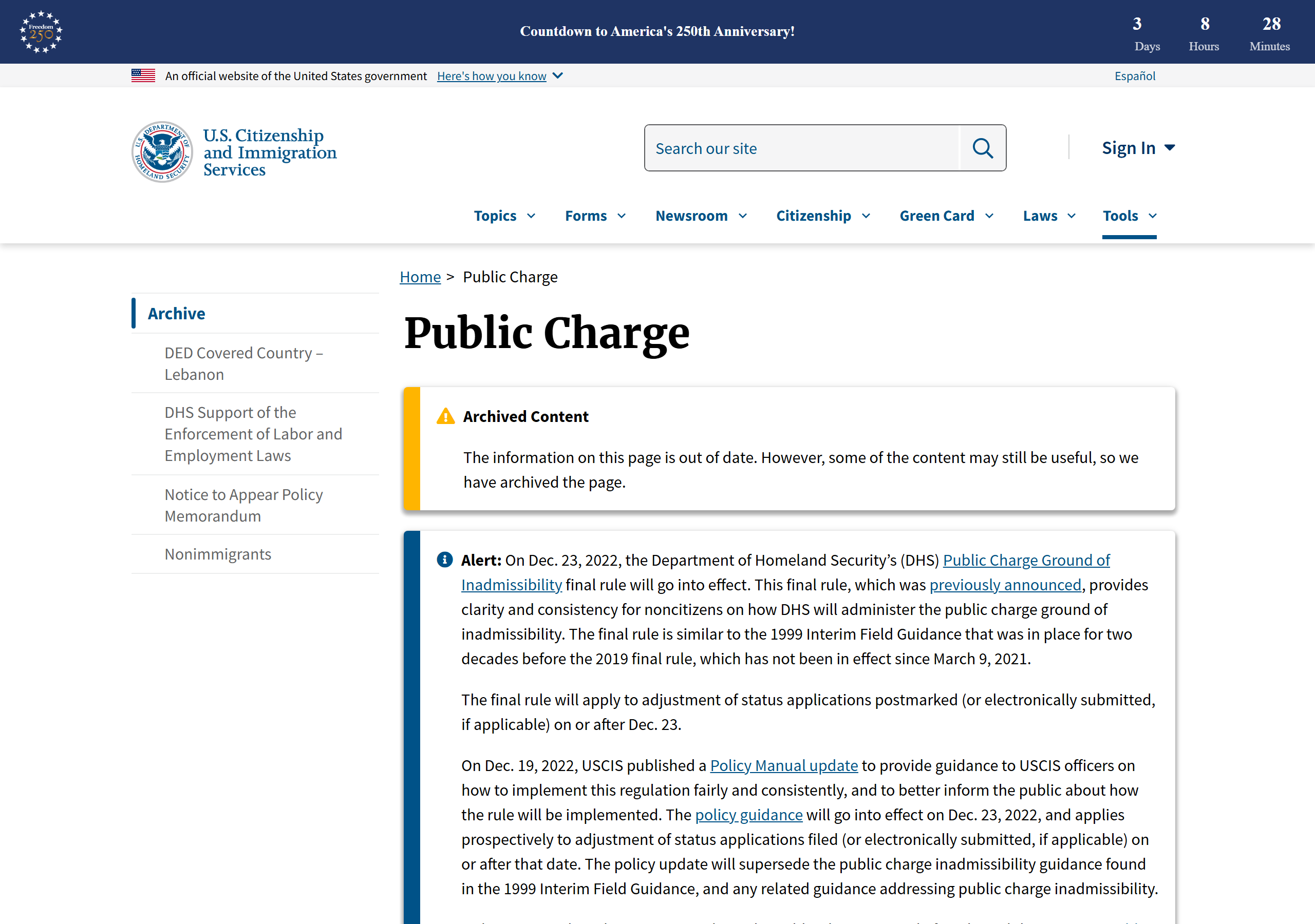 USCIS "Public Charge" page confirming that Medicaid and CHIP are generally not counted. Screenshot captured 2026-06-30.