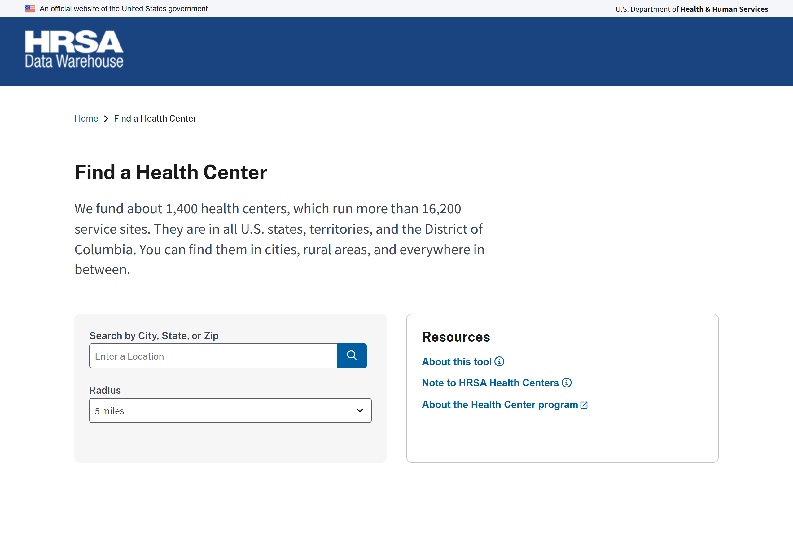 Screenshot of HRSA's Find a Health Center search tool (captured June 30, 2026).