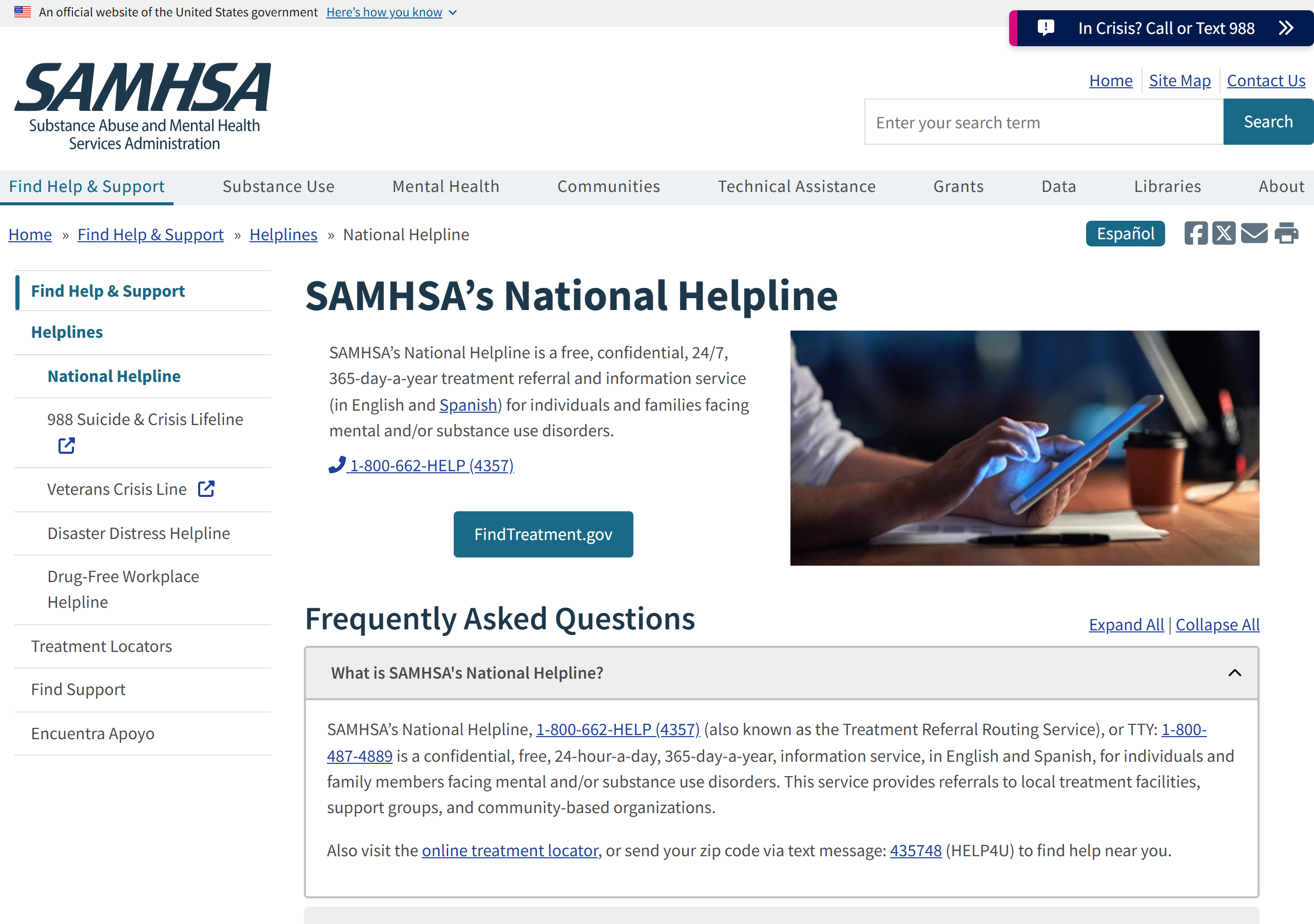Screenshot of SAMHSA's National Helpline page (captured June 30, 2026).