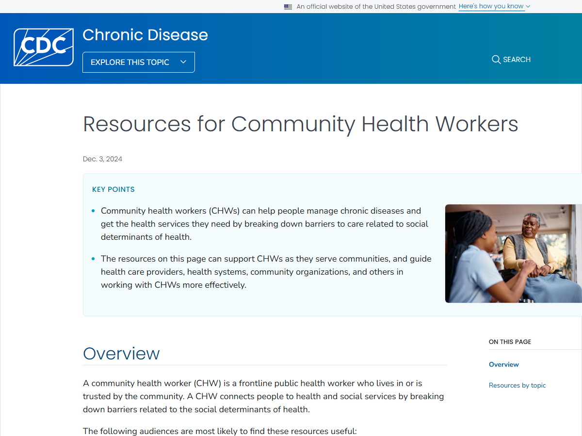 CDC "Resources for Community Health Workers" page, which defines a community health worker and offers tools for CHWs and the clinics that work with them. Screenshot captured 2026-07-02.
