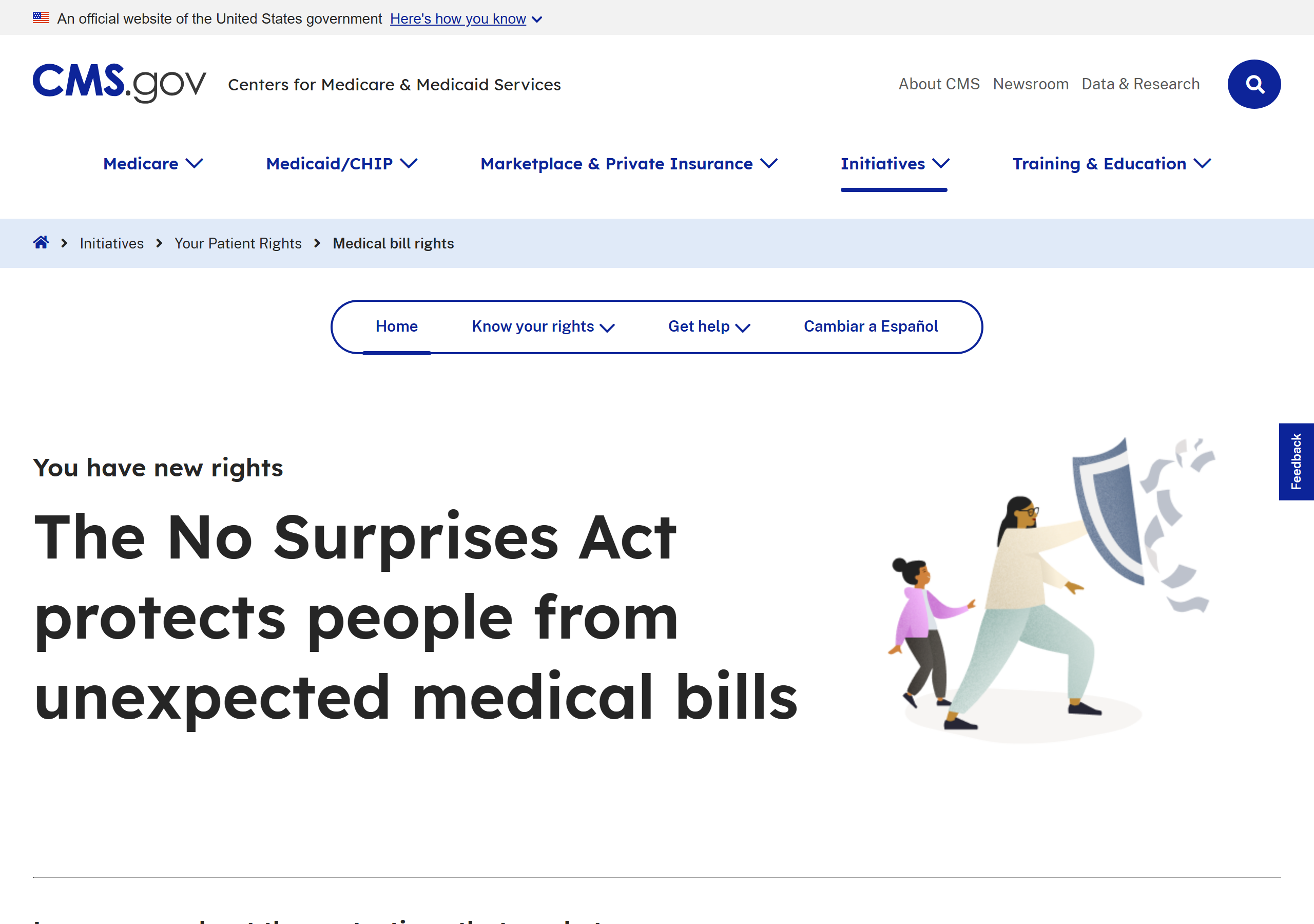 CMS page on medical bill rights, including how to use insurance and dispute a bill (captured June 30, 2026).