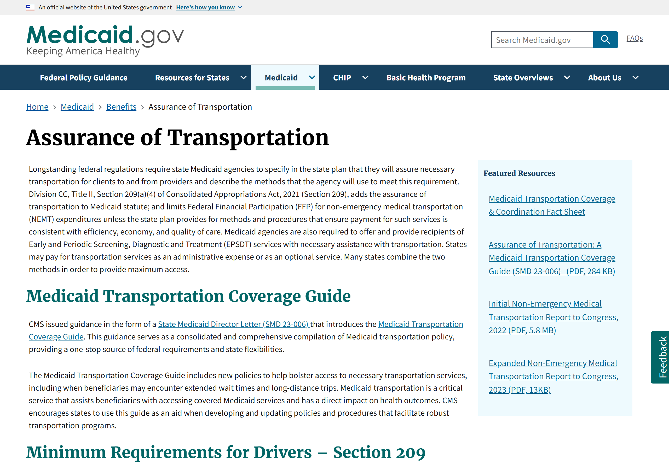 Screenshot of Medicaid.gov's Assurance of Transportation page, which explains non-emergency medical transportation (NEMT) (captured June 30, 2026).