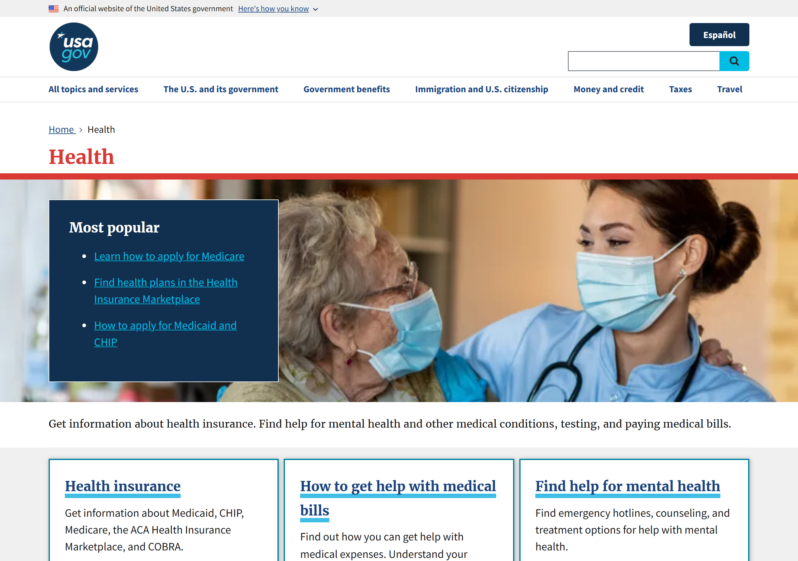 The live USA.gov Health page (usa.gov), captured June 30, 2026.