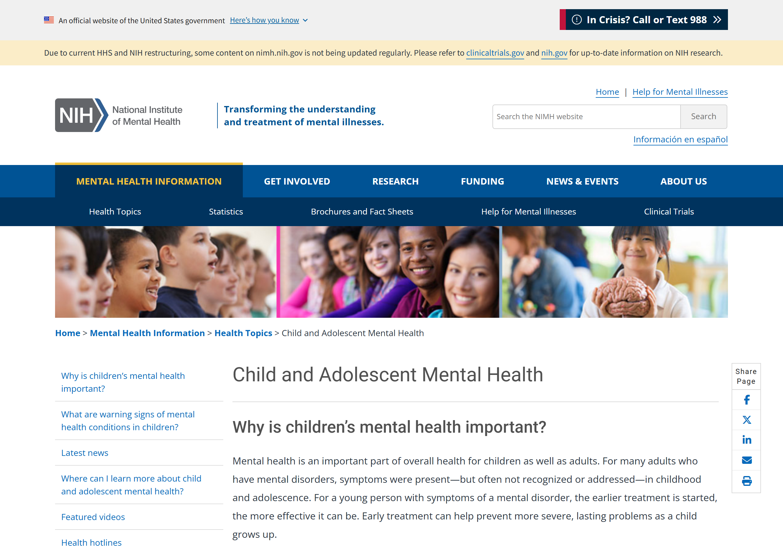 NIMH's Child and Adolescent Mental Health page, a plain-language federal resource on warning signs and where to find help. Screenshot captured June 30, 2026.