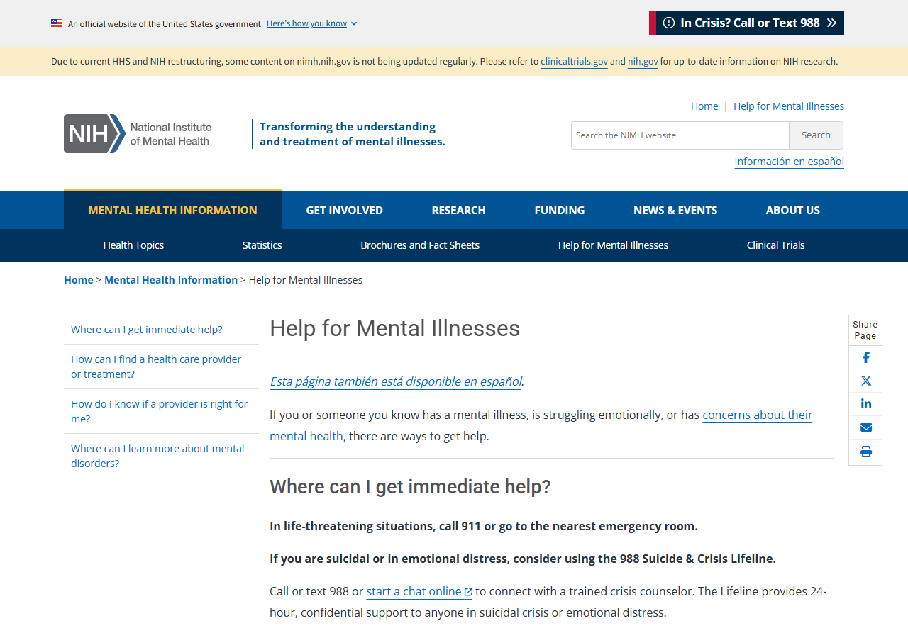 NIMH's "Help for Mental Illnesses" page, which points to 988, FindTreatment.gov, and other ways to find care (nimh.nih.gov, captured June 30, 2026).