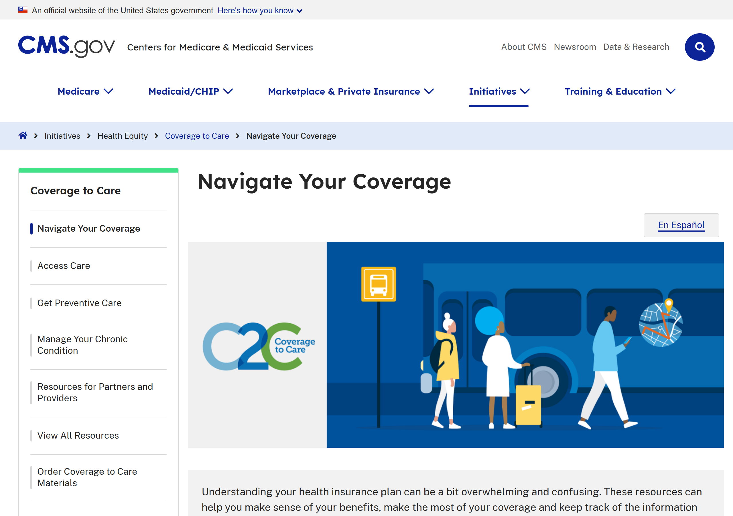 The live CMS "Coverage to Care" page (cms.gov), captured June 2026