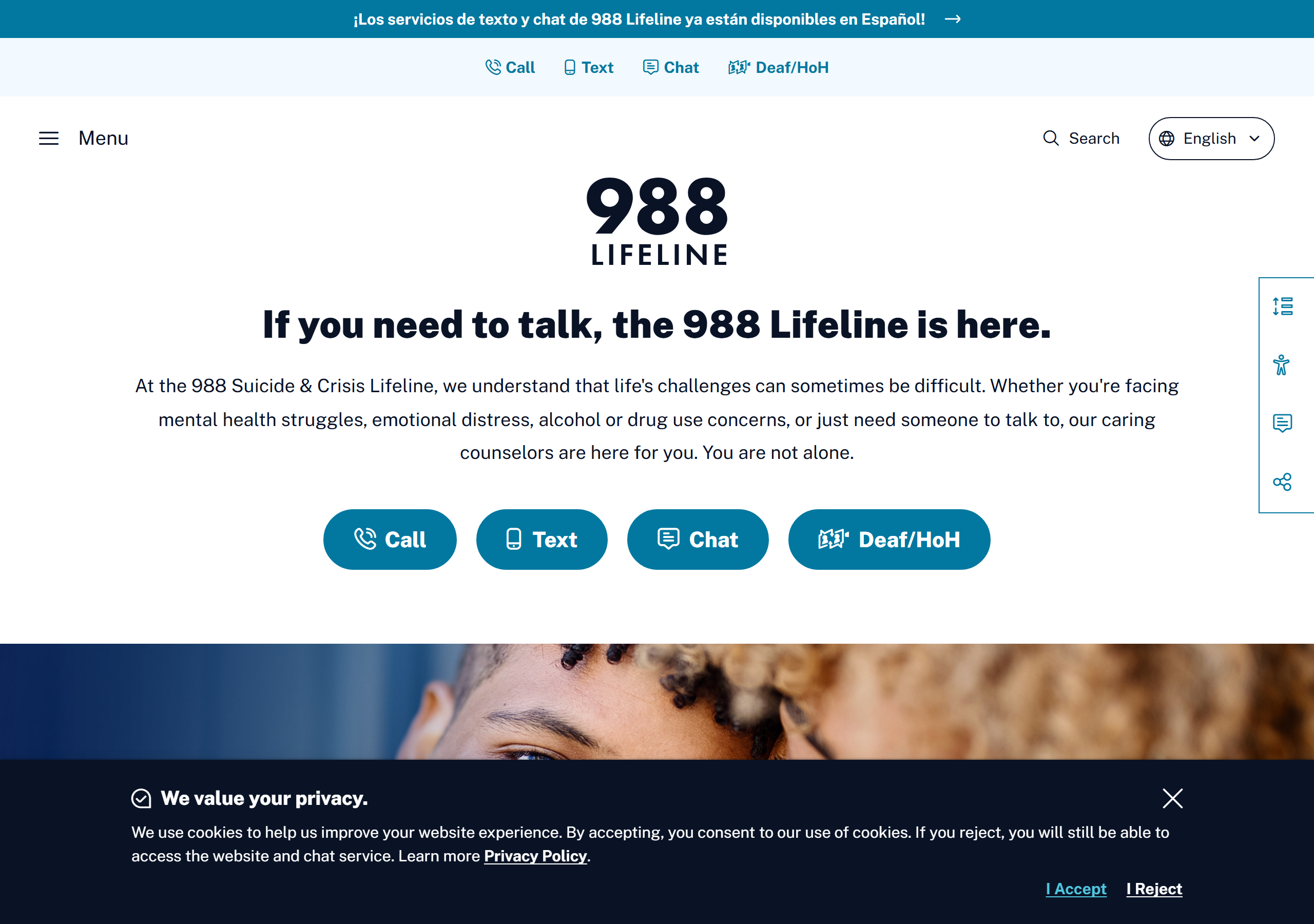 988 Suicide and Crisis Lifeline homepage, showing call, text, and chat options (988lifeline.org, captured June 30, 2026).