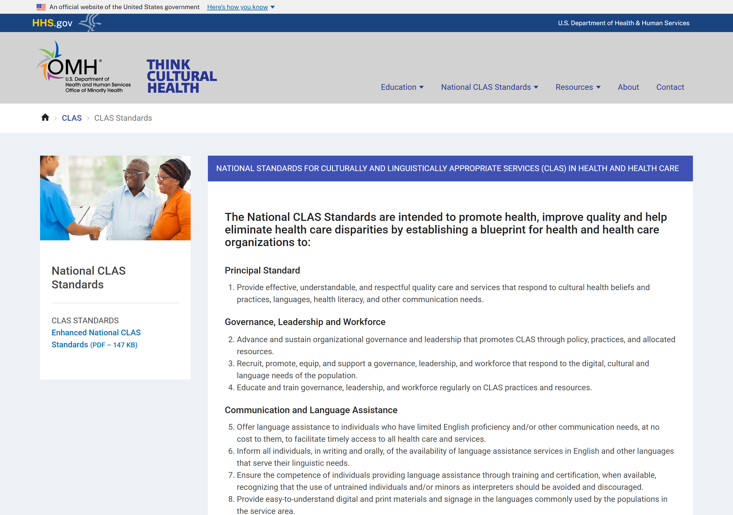 The National CLAS Standards on the HHS Office of Minority Health "Think Cultural Health" website. Screenshot captured 2026-06-30.