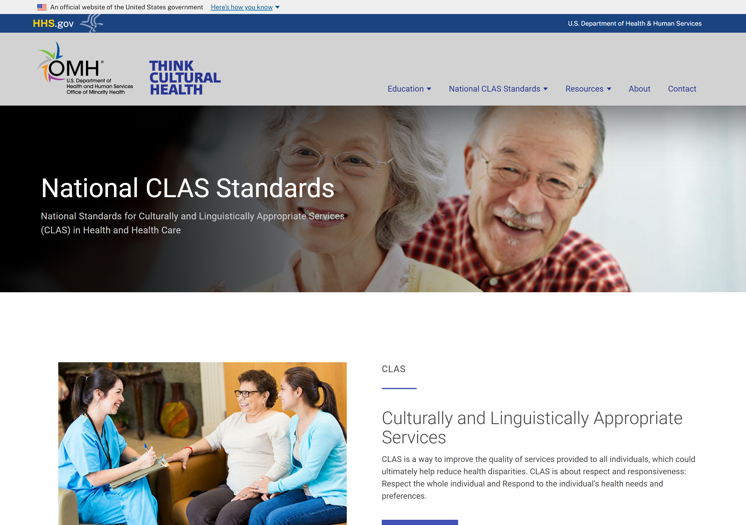The HHS Office of Minority Health "Think Cultural Health" page, which hosts the National CLAS Standards for culturally and linguistically appropriate services (captured June 30, 2026).