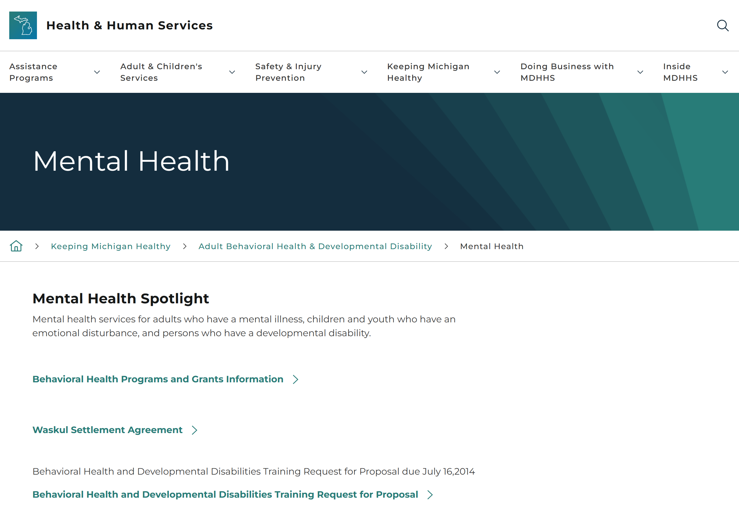 The MDHHS Mental Health page (michigan.gov), captured June 2026.