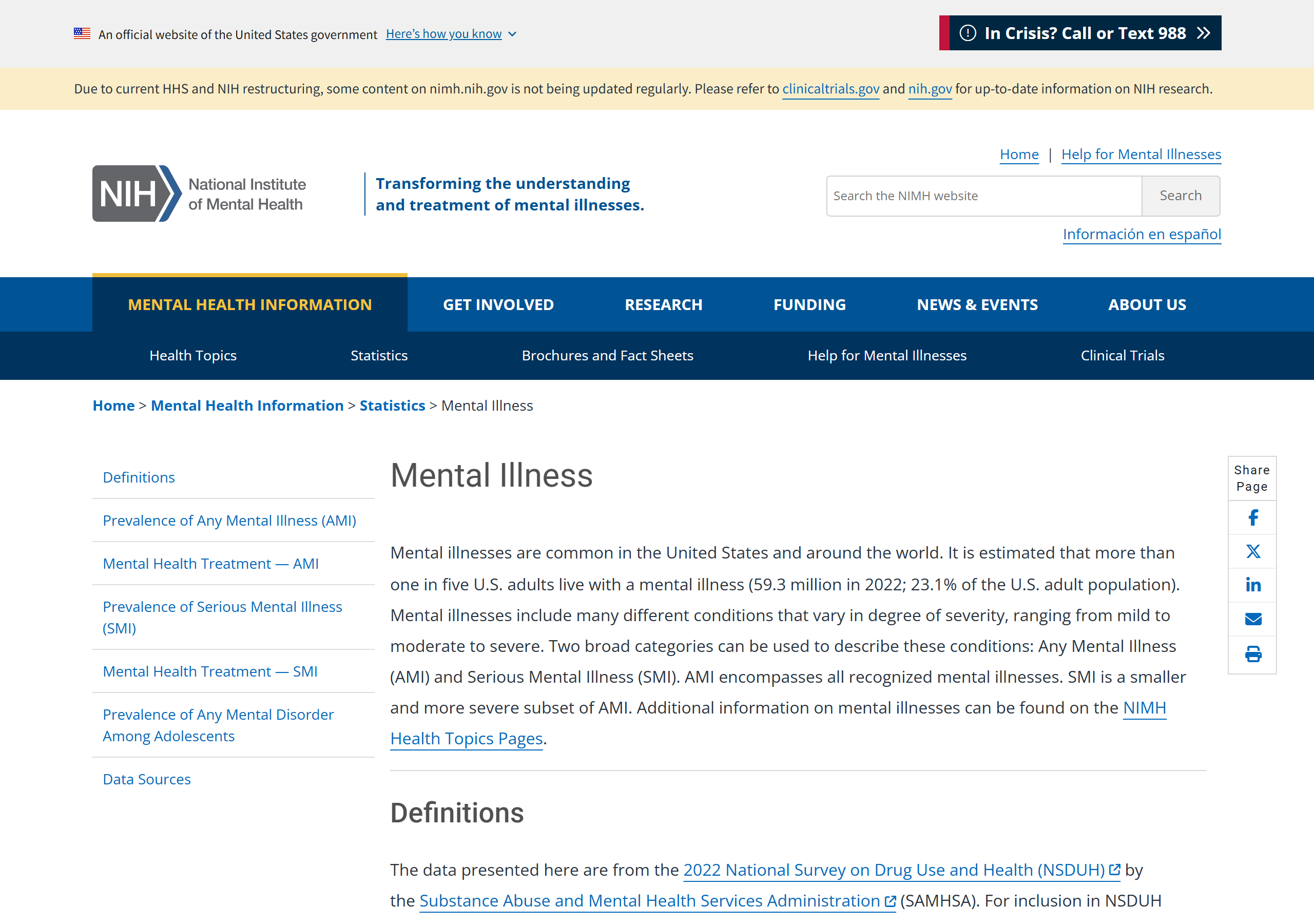 NIMH "Mental Illness" statistics page, which defines Any Mental Illness (AMI) and Serious Mental Illness (SMI). Captured 2026-06-30.