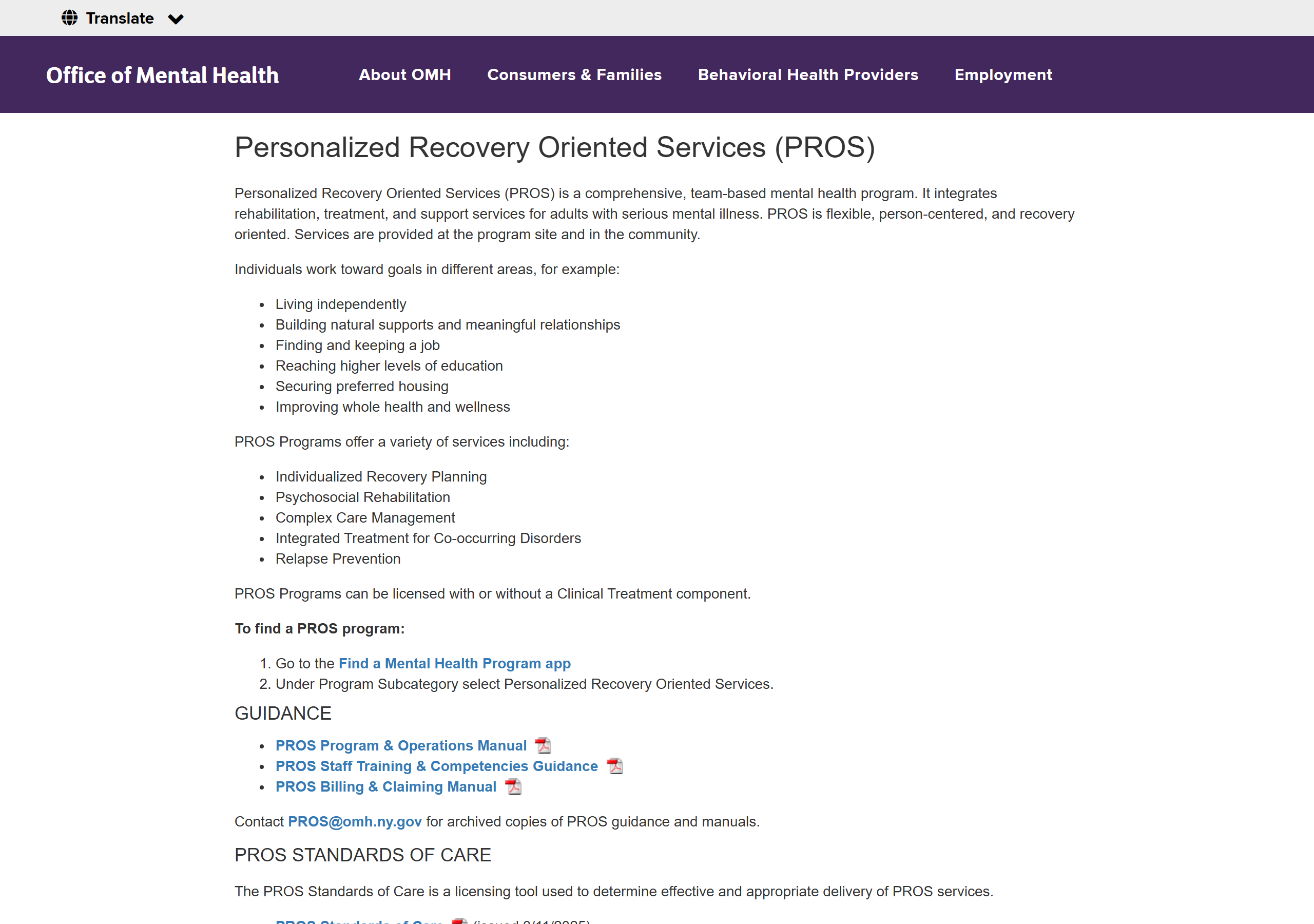 New York's Office of Mental Health describes its Personalized Recovery-Oriented Services (PROS) program on omh.ny.gov (captured June 2026).