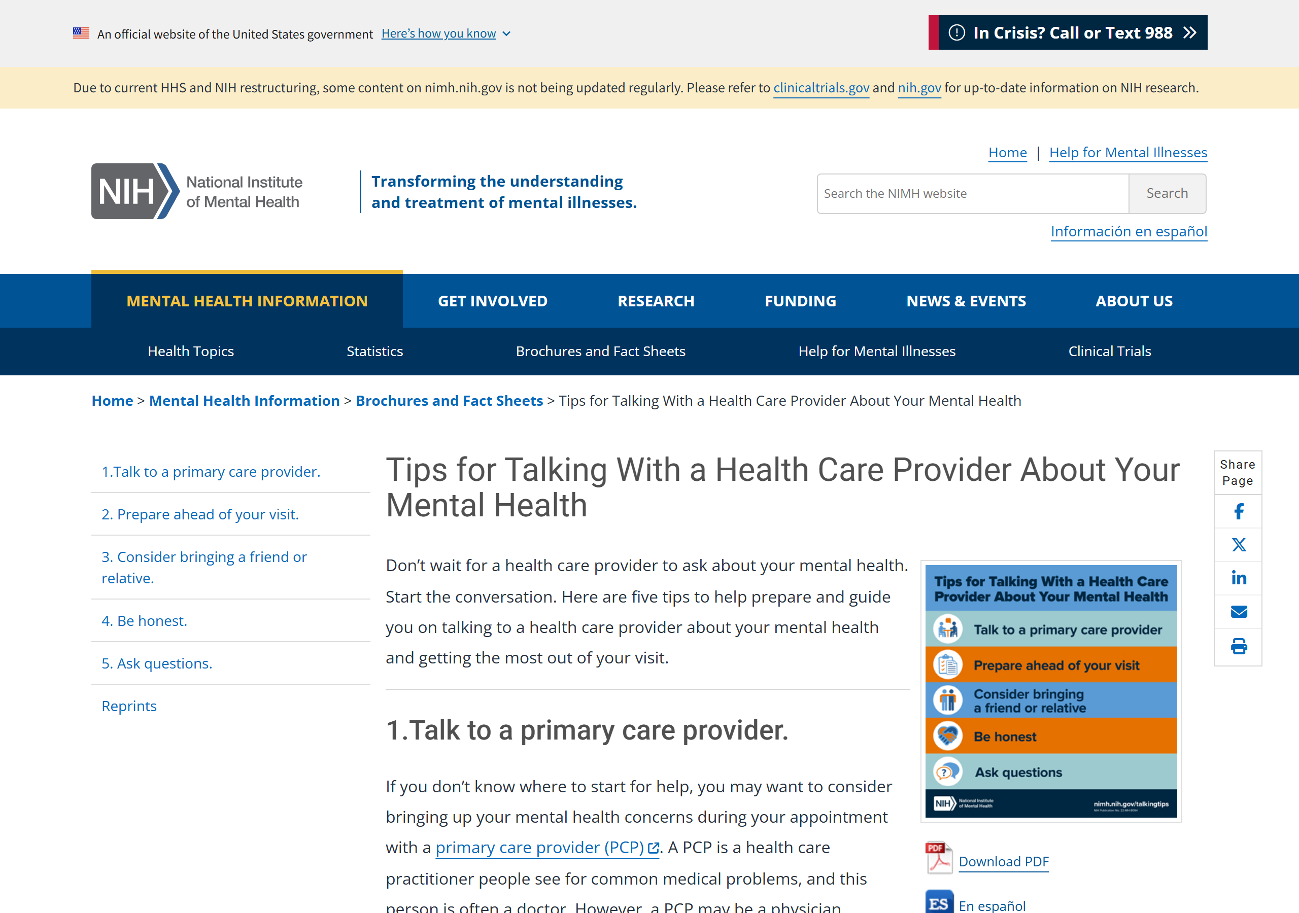 NIMH's "Tips for Talking With a Health Care Provider About Your Mental Health," the federal checklist this guide is based on. Captured June 30, 2026.