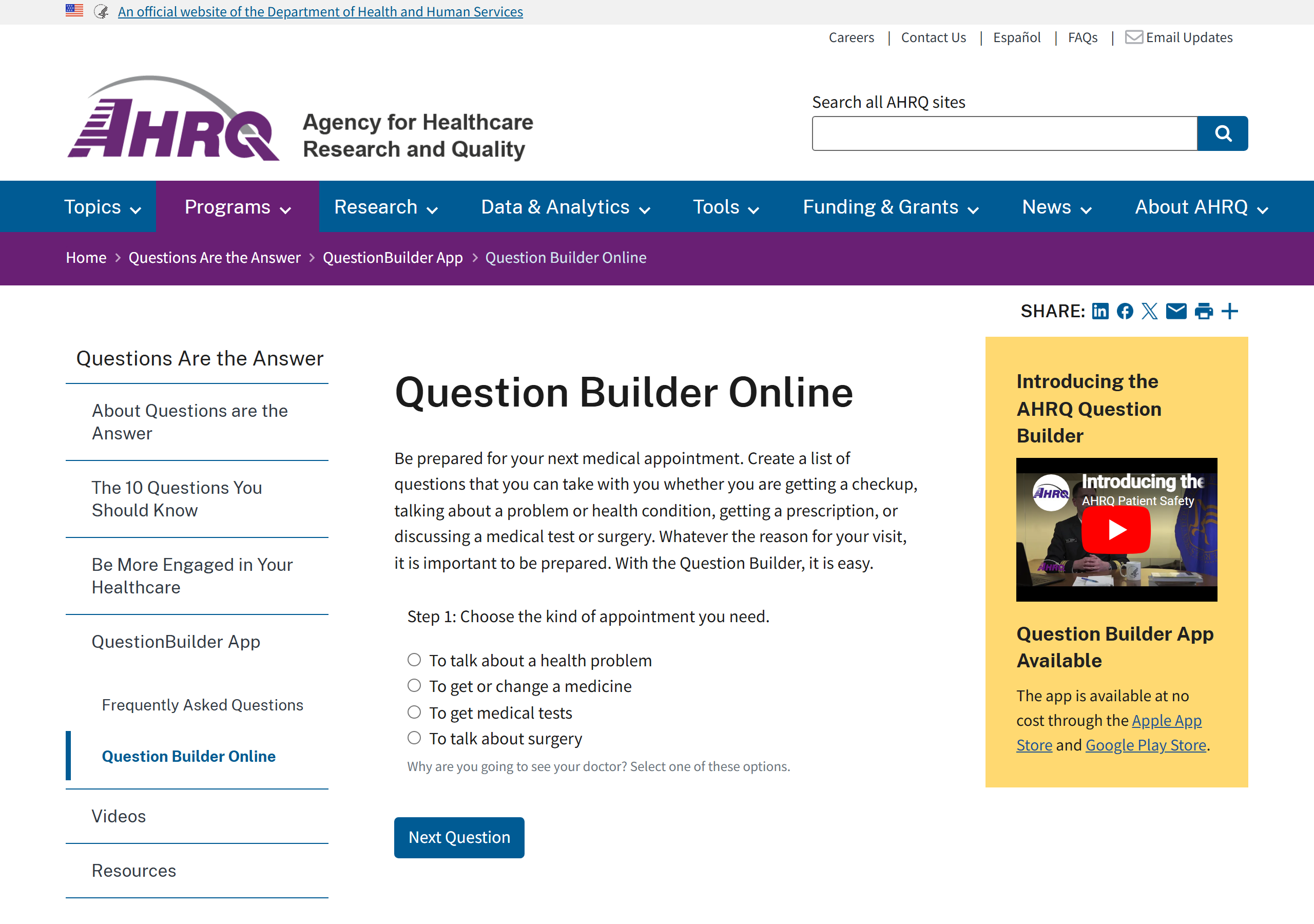 AHRQ's online Question Builder, a free tool for assembling your visit questions. Captured June 30, 2026.
