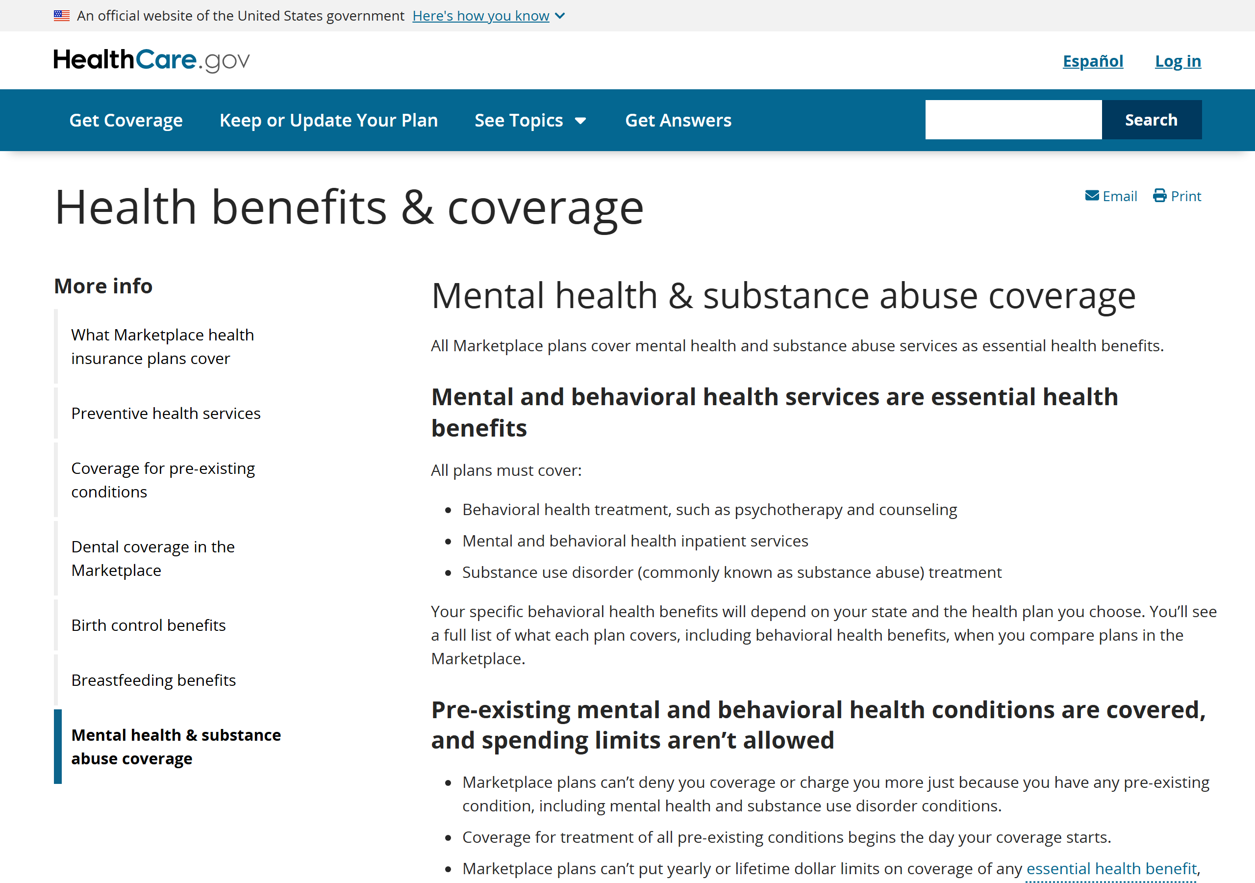 Screenshot of HealthCare.gov's page on mental health and substance use coverage (captured June 30, 2026).