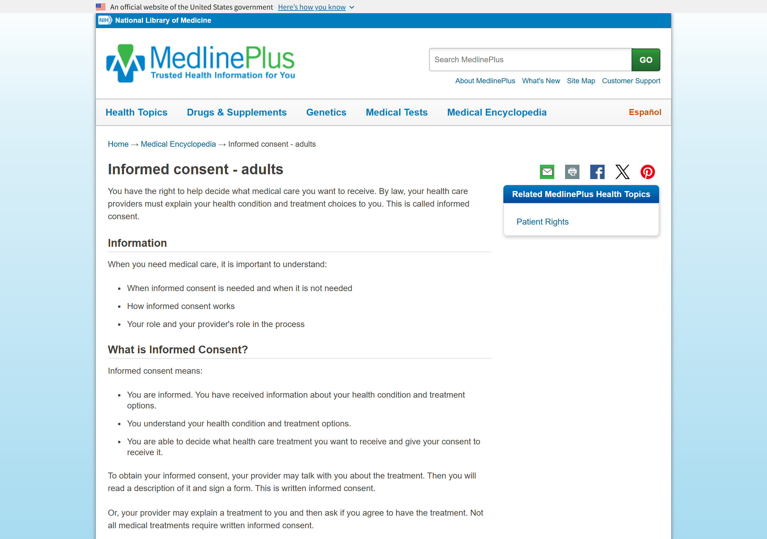MedlinePlus page explaining informed consent for adults, captured June 30, 2026.