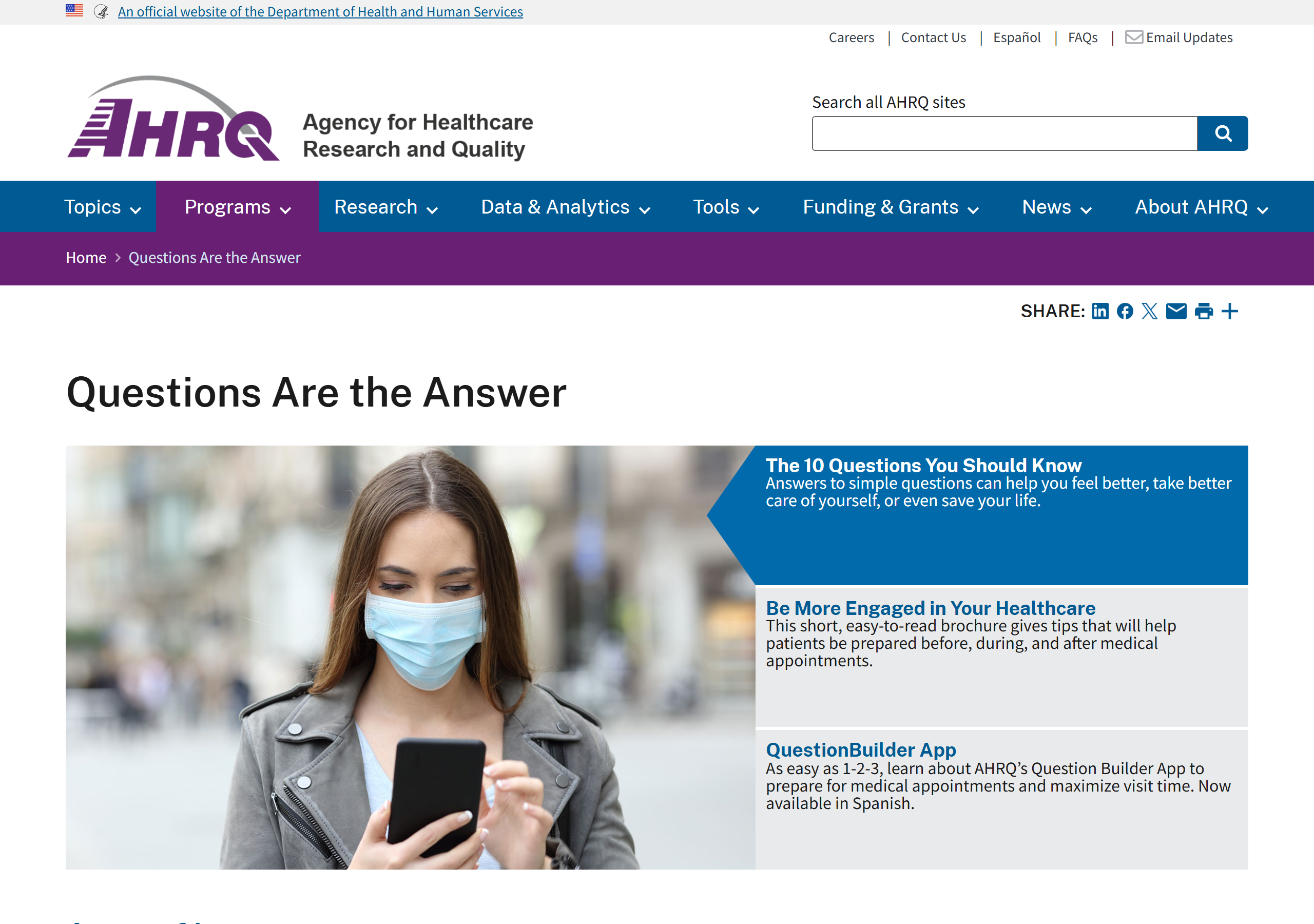 The live AHRQ "Questions Are the Answer" page (ahrq.gov), captured June 30, 2026.