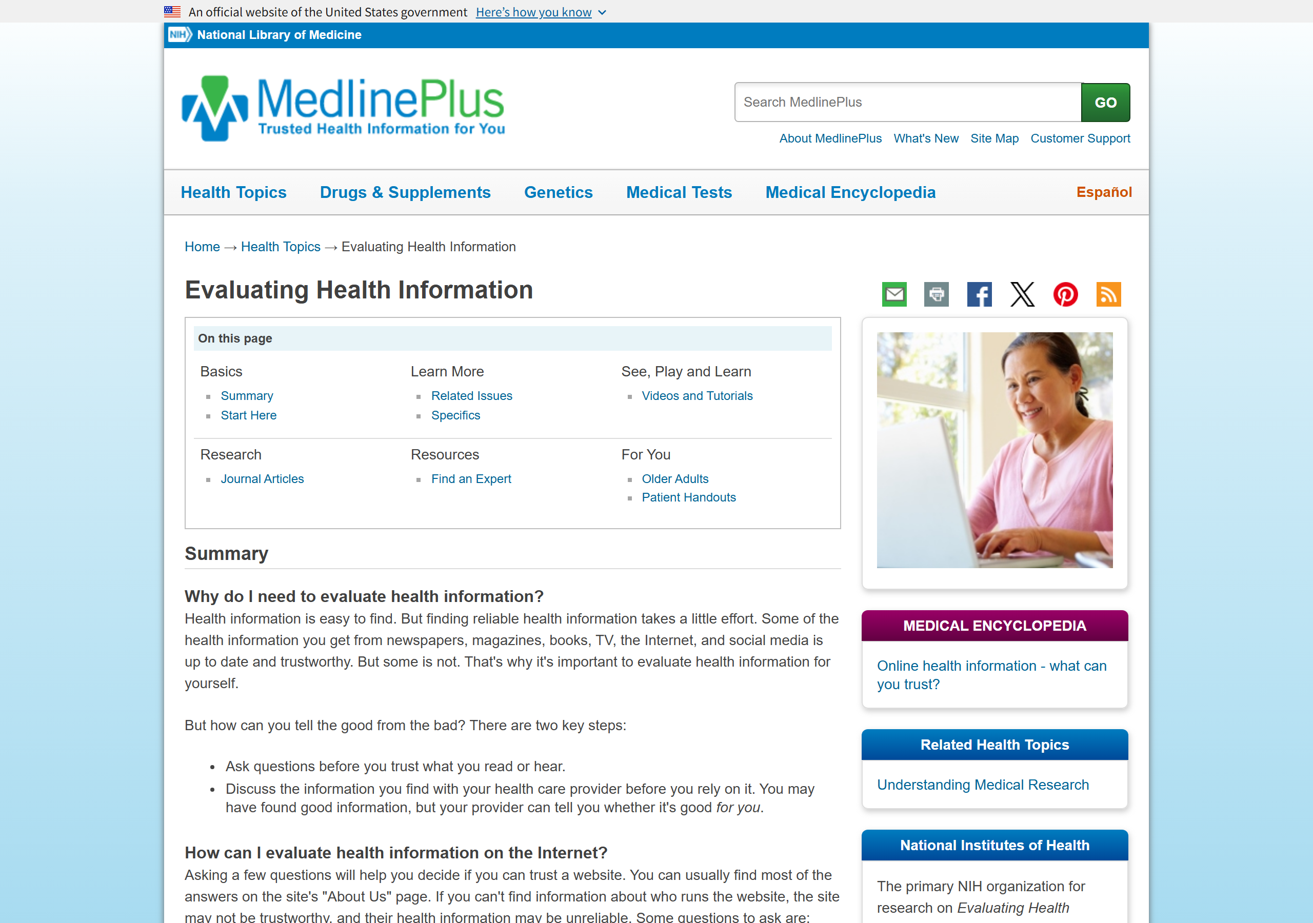 MedlinePlus "Evaluating Health Information" page from the U.S. National Library of Medicine, with steps for judging whether health information is trustworthy (medlineplus.gov, captured June 30, 2026).