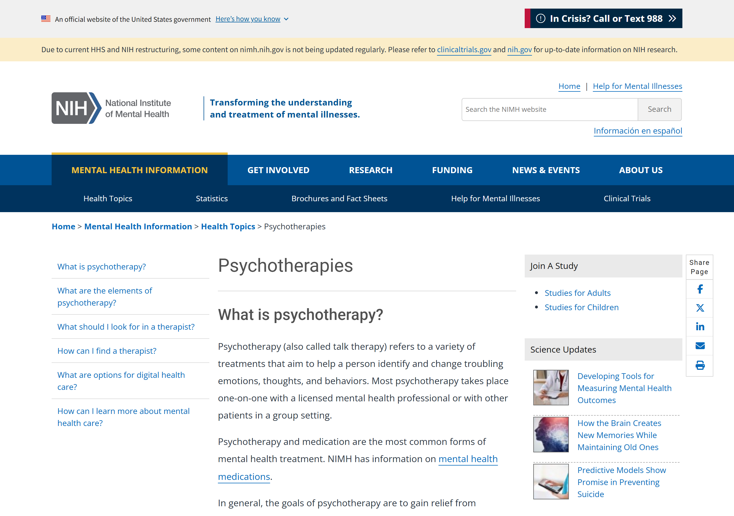 NIMH's "Psychotherapies" page, which explains what talk therapy is and the main approaches. Captured June 30, 2026.