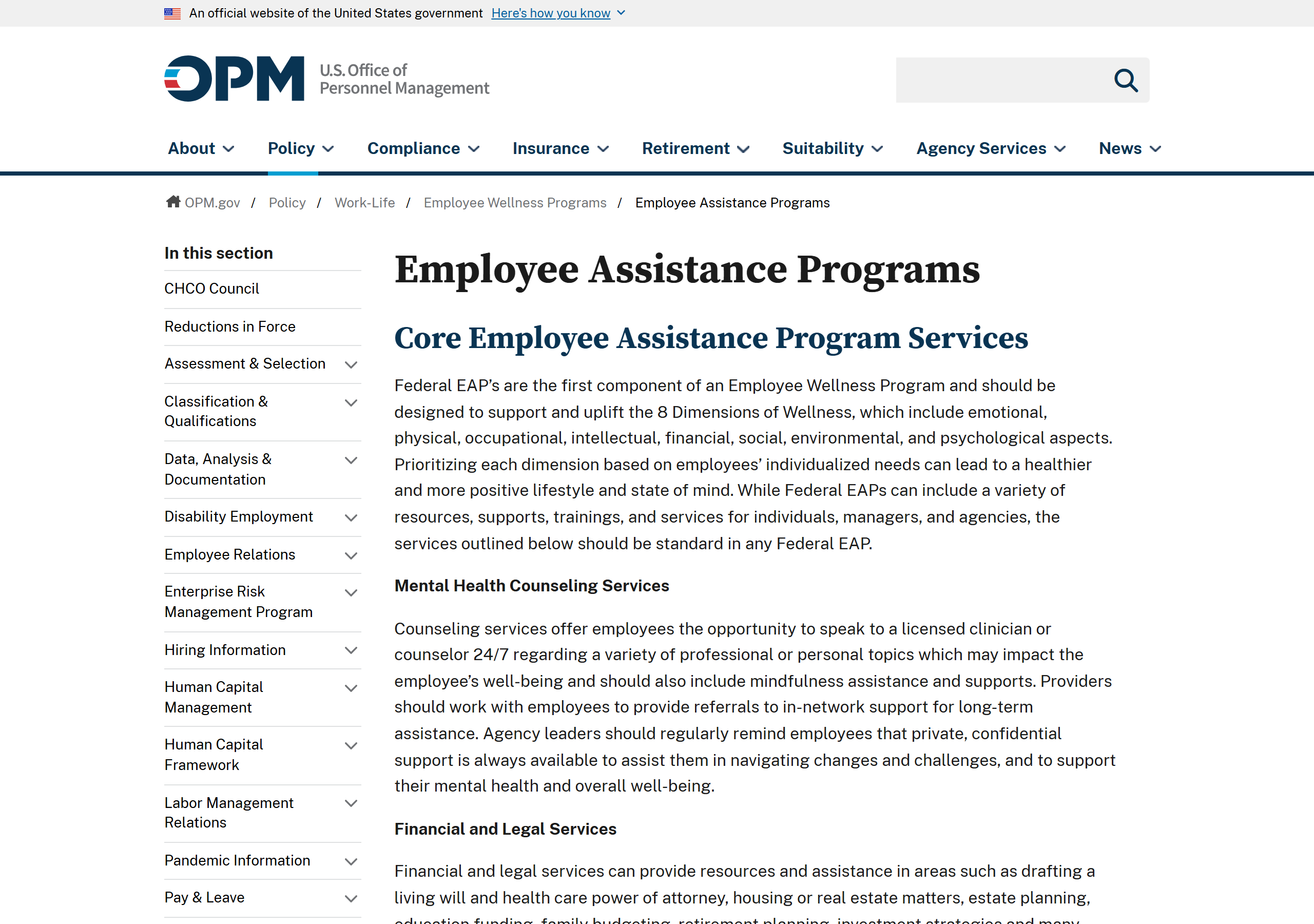 Screenshot of the U.S. Office of Personnel Management page describing core Employee Assistance Program services, including mental health counseling (captured June 30, 2026).