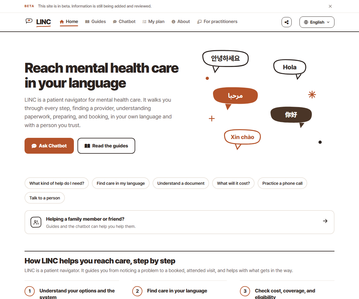 The LINC home screen: an Ask Chatbot button, a Read the guides button, and a collage of greetings in many languages.